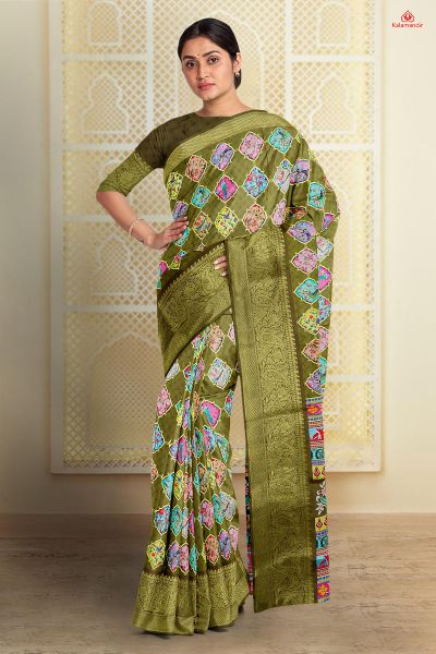 MEHANDI GREEN and MULTI FLORAL JALL WITH FIGURES SATIN Saree with BANARASI FANCY