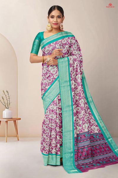 PURPLE and TEAL FLORALS SILK BLEND Saree with FANCY