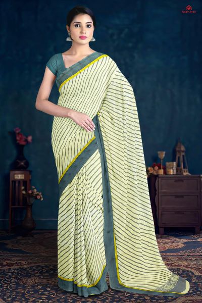 CREAM and GREY LINES CHIFFON Saree with FANCY