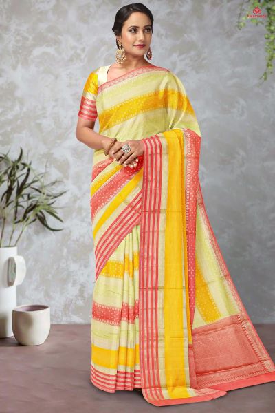 LIGHT YELLOW and GOLD BUTTIS WARM SILK Saree with FANCY