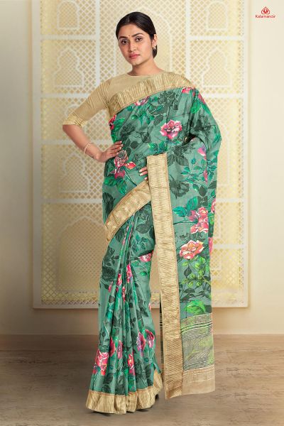 LITE OLIVE GREEN and BEIGE FLORALS SILK Saree with FANCY