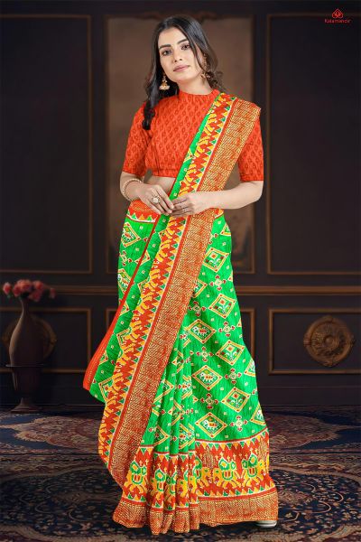 GREEN and RED IKKAT PRINT SILK BLEND Saree with FANCY