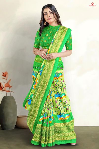 LIGHT GREEN and GREEN FLORALS SILK BLEND Saree with FANCY