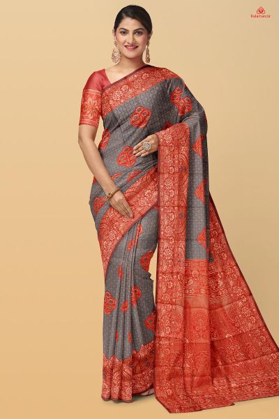 GREY and RED FLORAL LINES SILK Saree with FANCY