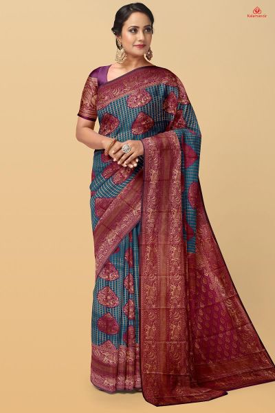 PEACOCK BLUE and PURPLE CHECKS & FIGURES SILK Saree with FANCY