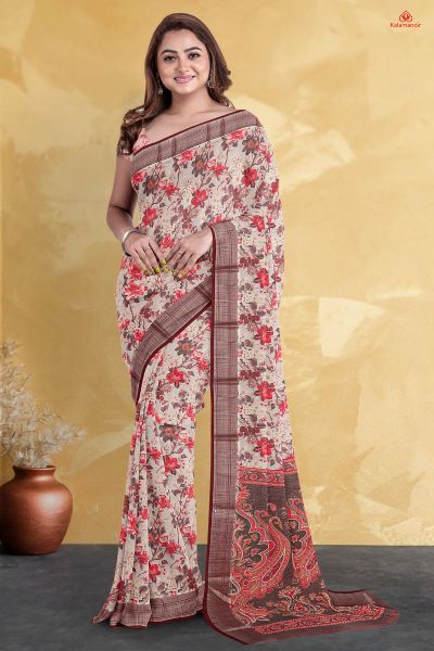 OFF WHITE and MULTI FLORALS LINEN Saree with FANCY