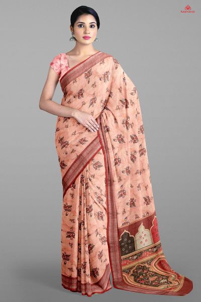 PEACH and MAROON FLORALS LINEN Saree with FANCY