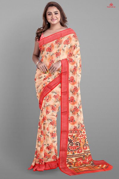 CREAM and PINK FLORALS LINEN Saree with FANCY