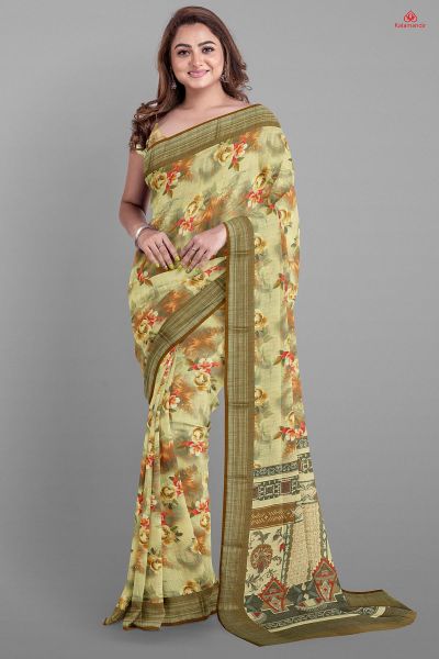 BEIGE and BROWN FLORALS LINEN Saree with FANCY