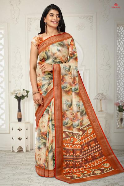 CREAM and MULTI DIGITAL PRINT LINEN Saree with FANCY