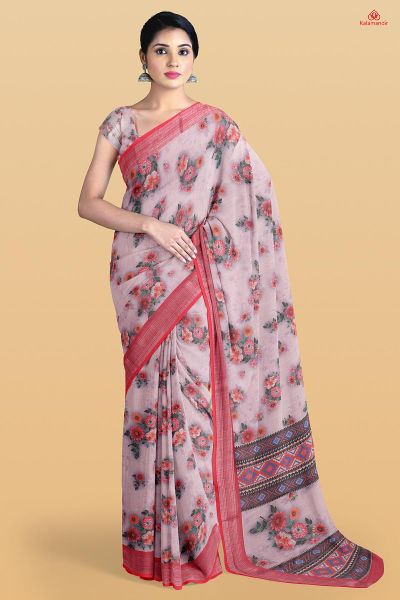 LIGHT PINK and CORAL FLORALS LINEN Saree with FANCY