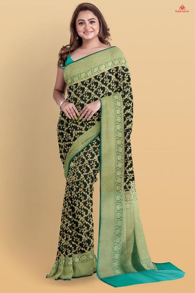 BLACK and GOLD FLORAL JAAL KORA Saree with FANCY