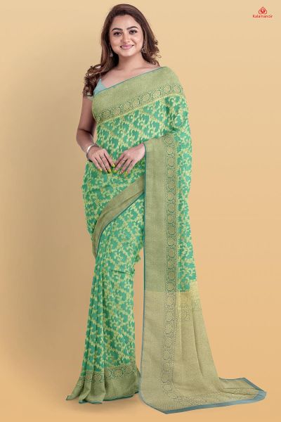 GREEN and GOLD FLORAL JAAL KORA Saree with FANCY