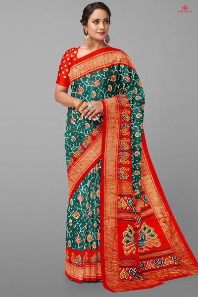 DARK GREEN and RED IKKAT PRINT SILK BLEND Saree with FANCY