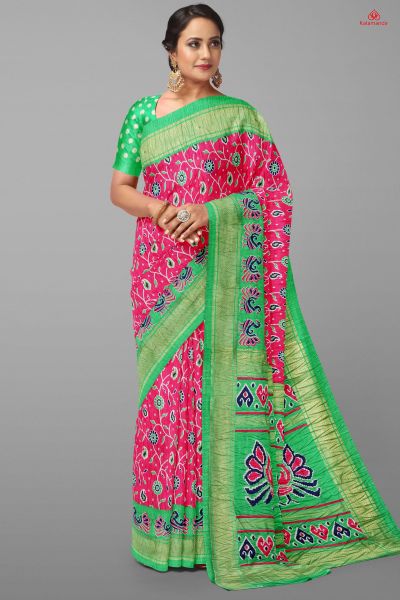 PINK and GREEN IKKAT PRINT SILK BLEND Saree with FANCY