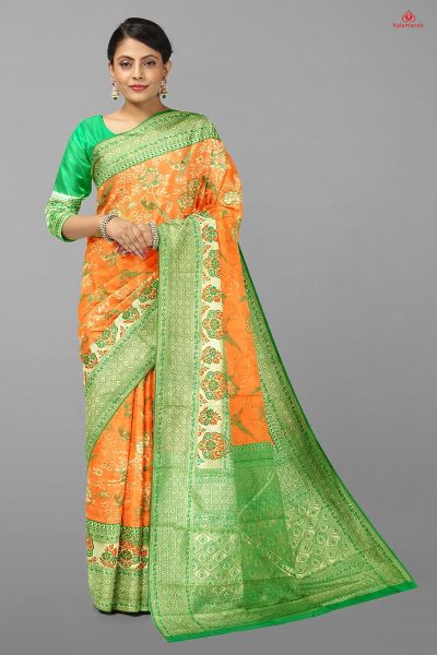 ORANGE and GREEN FLORAL JALL WITH FIGURES SILK Saree with FANCY