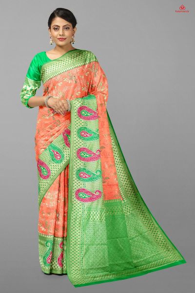 LIGHT PINK and GREEN FLORAL JALL WITH FIGURES SILK Saree with FANCY