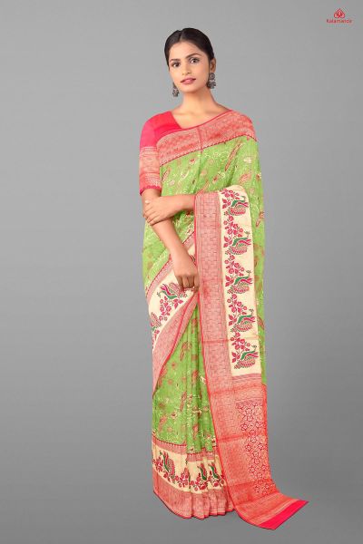 GREEN and DARK PINK FLORAL JALL WITH FIGURES SILK Saree with FANCY