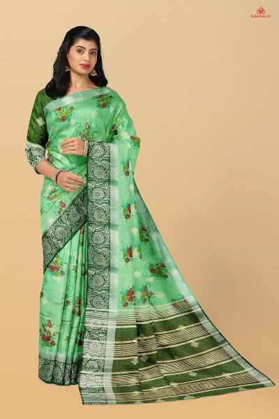 SEA GREEN and DARK GREEN FLORALS SILK Saree with FANCY
