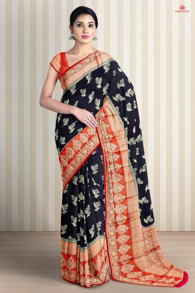 NAVY BLUE and RED FLORALS SILK Saree with FANCY