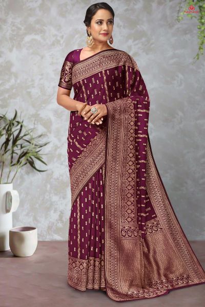 MAROON and GOLD BUTTIS SILK Saree with FANCY