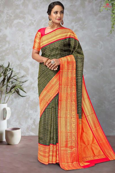 DARK GREEN and PINK LINES AND FLORALS SILK Saree with KANCHIPURAM