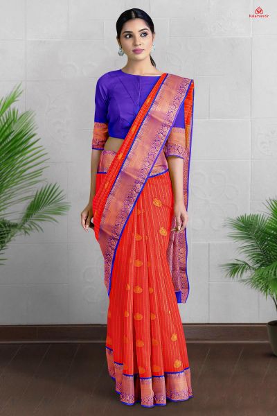 BRICK and ROYAL BLUE LINES AND FLORALS SILK Saree with KANCHIPURAM