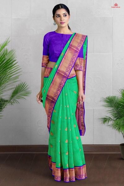 SEA GREEN and ROYAL BLUE LINES AND FLORALS SILK Saree with KANCHIPURAM