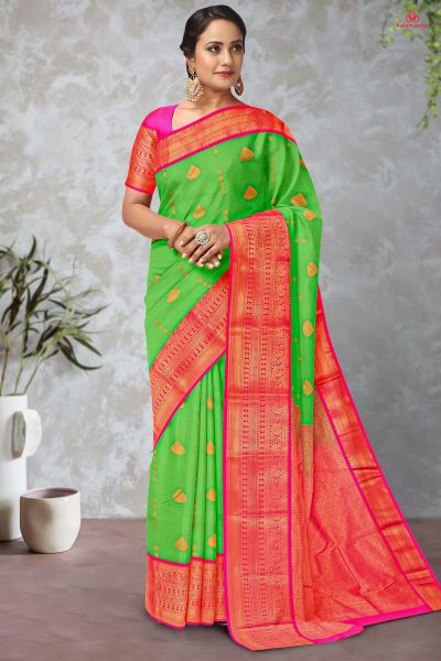 GREEN and PINK LINES AND FLORALS SILK Saree with KANCHIPURAM