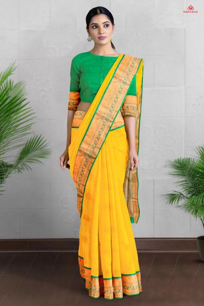 MUSTARD YELLOW and RAMA GREEN LINES AND FLORALS SILK Saree with KANCHIPURAM
