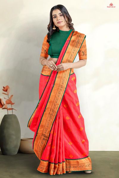 PINK and DARK GREEN LINES AND FLORALS SILK Saree with KANCHIPURAM