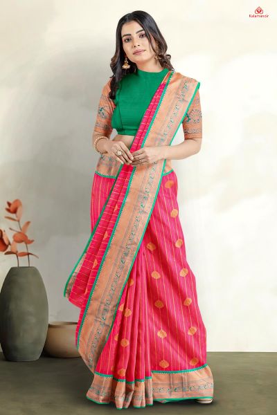 PINK and RAMA GREEN LINES AND FLORALS SILK Saree with KANCHIPURAM