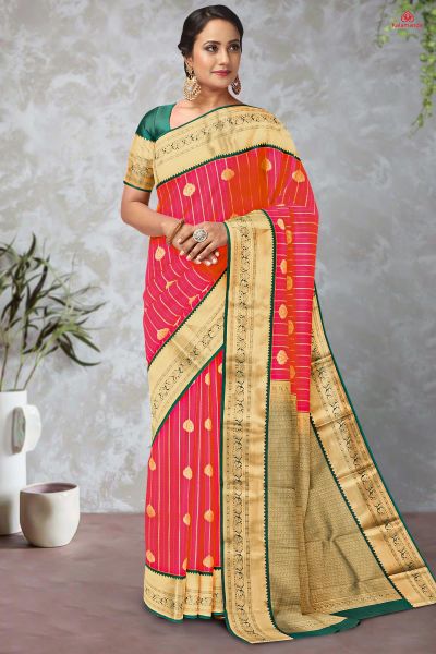 PINK and GREEN LINES AND FLORALS SILK Saree with KANCHIPURAM