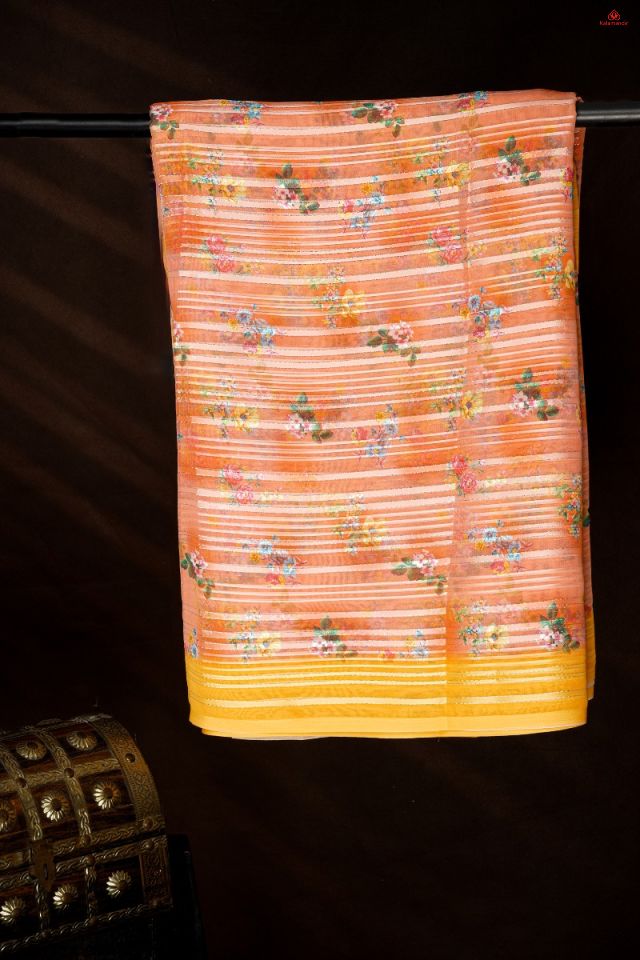 PEACH and YELLOW FLORALS CHIFFON Saree with FANCY