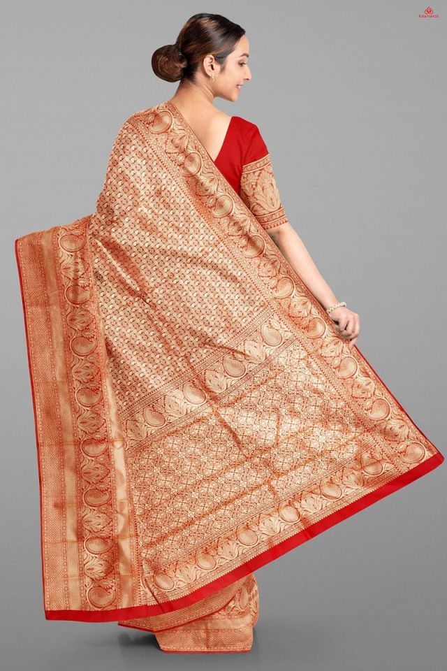 RED and GOLD CHECKS AND BUTTIS SILK BLEND Saree with BANARASI FANCY