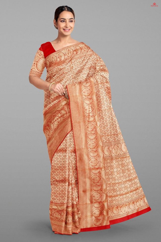RED and GOLD CHECKS AND BUTTIS SILK BLEND Saree with BANARASI FANCY