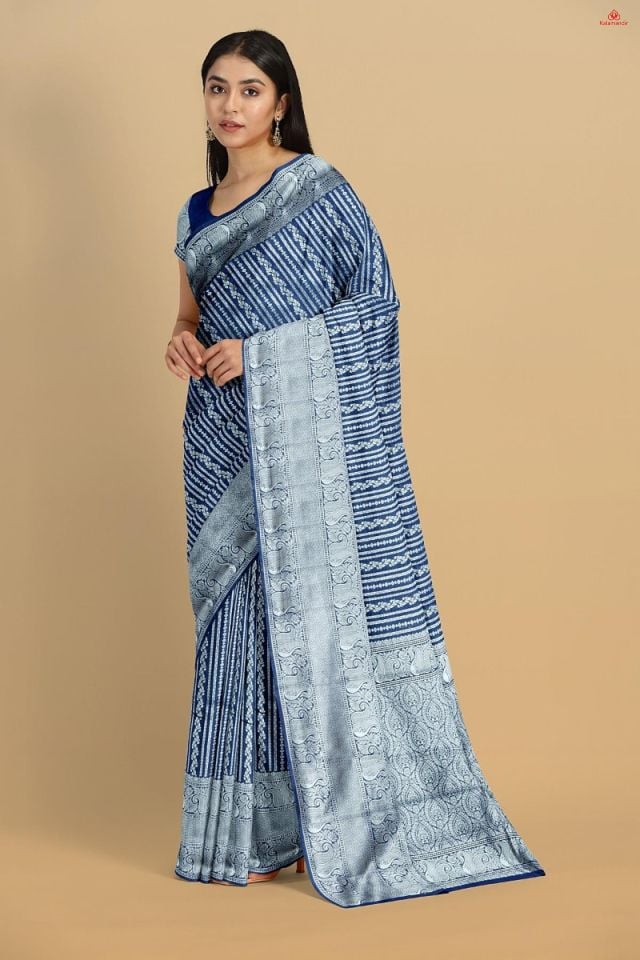 NAVY BLUE and SILVER JAAL SILK BLEND Saree with BANARASI FANCY