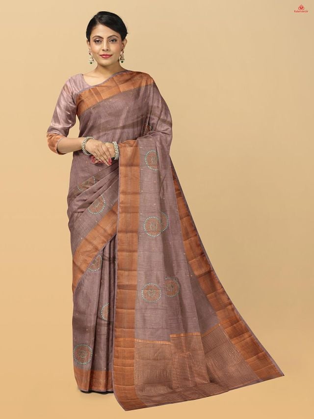 ROSSY BROWN and COPPER CIRCLES TUSSAR Saree with BANARASI FANCY
