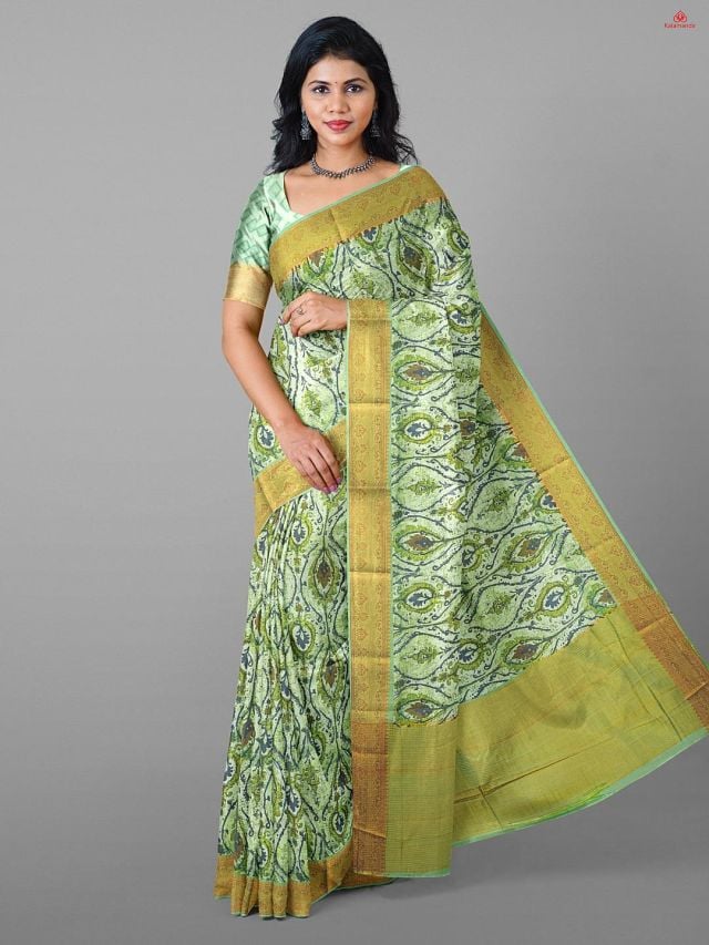 LIGHT OLIVE GREEN and COPPER DIGITAL PRINT SILK Saree with FANCY