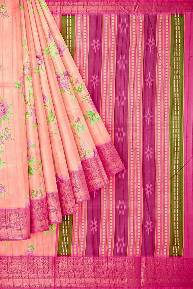 PEACH and PINK FLORALS SILK Saree with FANCY