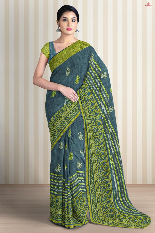 GREY and LIME GREEN BUTTIS SILK BLEND Saree with FANCY