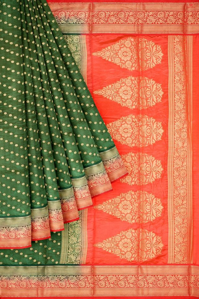 DARK OLIVE GREEN and RED POLKA DOTS SILK Saree with FANCY