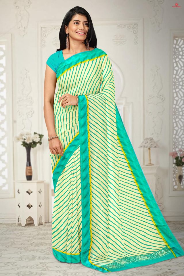 CREAM and TEAL LINES CHIFFON Saree with FANCY