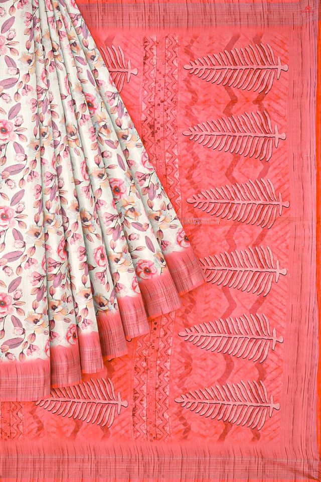 WHITE and PINK FLORALS LINEN Saree with FANCY