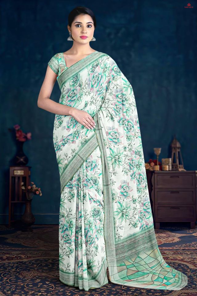 WHITE and SEA GREEN FLORALS LINEN Saree with FANCY