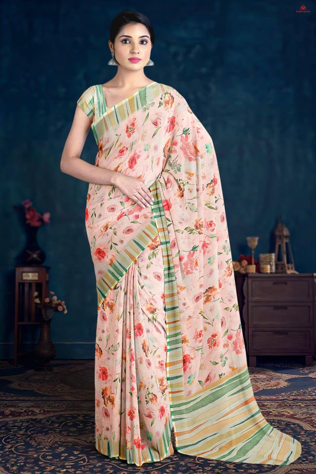 LIGHT PINK and MULTI FLORALS LINEN Saree with FANCY