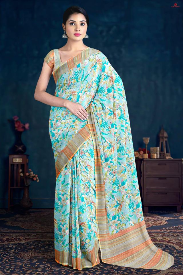SKY BLUE and MULTI FLORALS LINEN Saree with FANCY