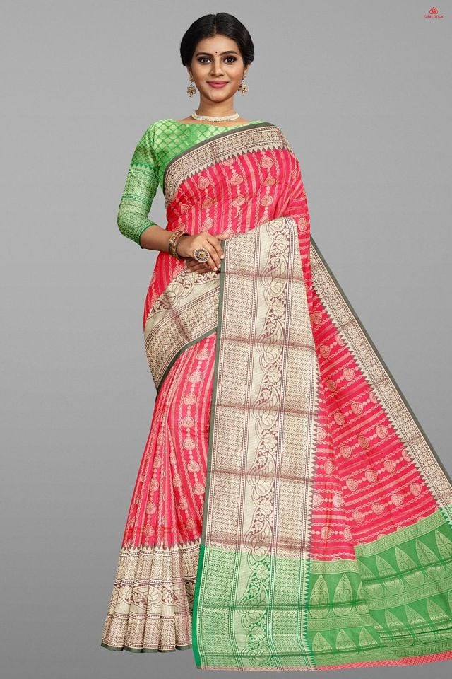 PINK and GREEN LINES AND FLORALS SILK Saree with FANCY