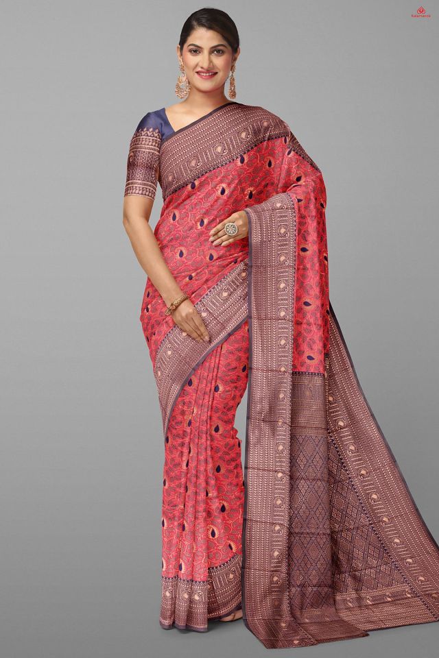 DUSTY PINK and NAVY BLUE FLORAL JAAL SILK Saree with FANCY