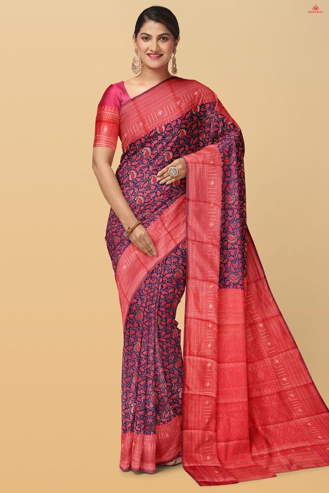 NAVY BLUE and PINK FLORAL JAAL SILK Saree with FANCY